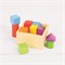 Kistje met blokken in verschillende vormen en kleuren van duurzaam rubberhout BigJigs