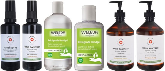 Reinigende handspray of handgel voor onderweg