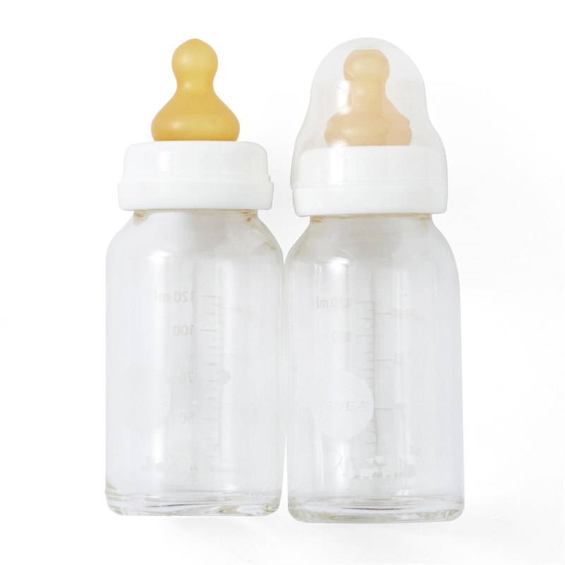 Geleidbaarheid Leerling opening Glazen Babyflesjes Natuurrubber Speen 120 ml Set van 2 Hevea 100% BPA-vrij