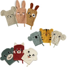 Set van drie kinder washandjes van organisch badstofkatoen 21 x 15 cm Roommate mouse, bunny, dog