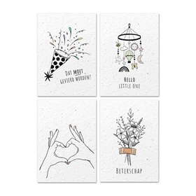 Set van 4 Ansichtkaarten met Bloemzaadjes Gerecycled Papier A6 Doodle-ie-doo Growing Paper