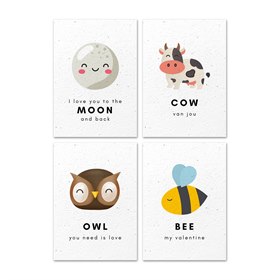 Set van 4 Kaarten met Bloemzaadjes Gerecycled Papier A6 Dieren Liefde Growing Paper